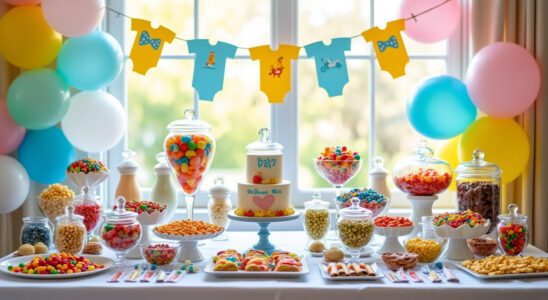 découvrez le bar à bonbons coloré, une idée originale et ludique pour apporter de la gourmandise et de la fantaisie à votre baby shower. surprenez vos invités avec un buffet sucré plein de couleurs et de douceurs !