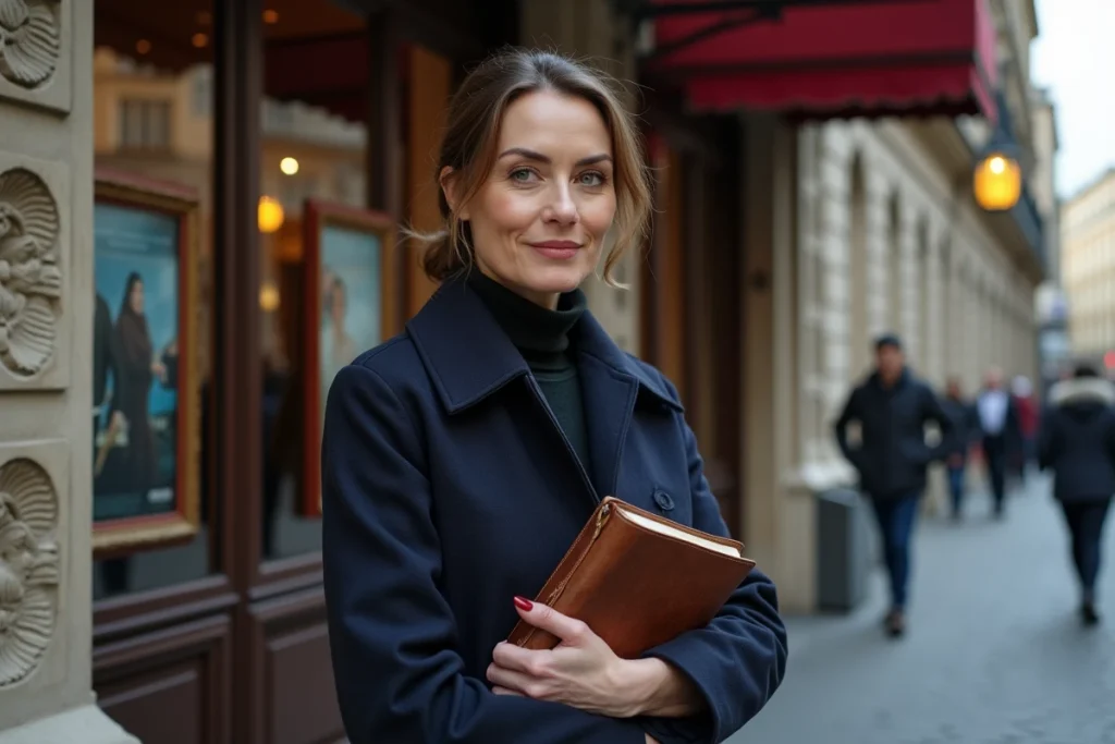 Femme en manteau marine devant une façade de cinéma parisien classique tenant un carnet en cuir, ambiance urbaine élégante