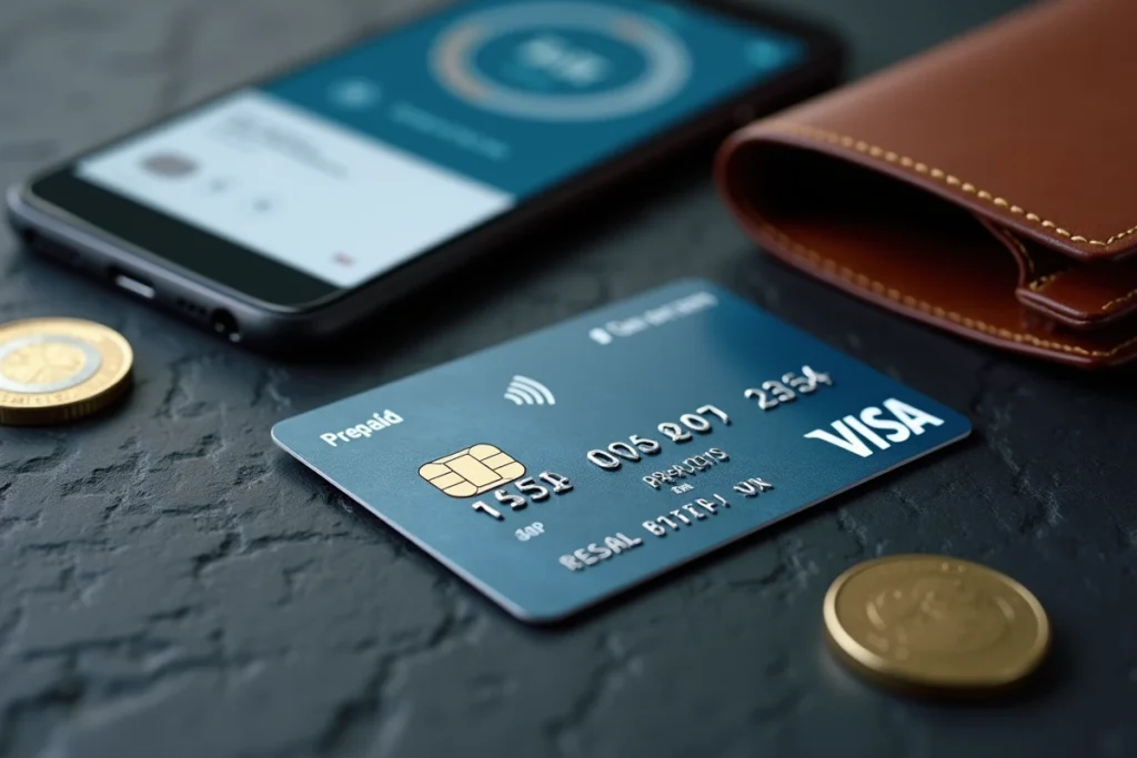 Vue de dessus d'une carte bancaire prépayée posée sur une surface en ardoise avec un smartphone et un portefeuille, concept de gestion budgétaire