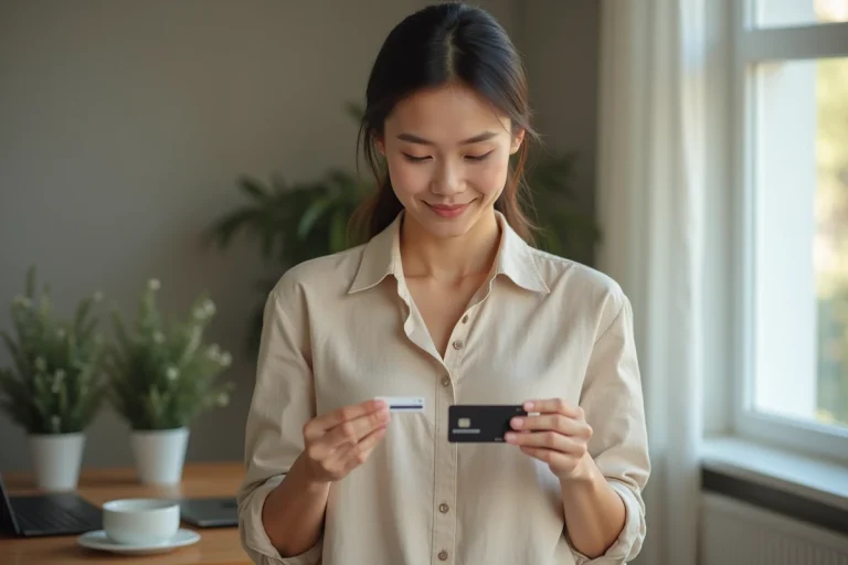 Femme tenant une carte bancaire prépayée devant un bureau minimaliste, illustrant l'utilisation quotidienne de ce moyen de paiement