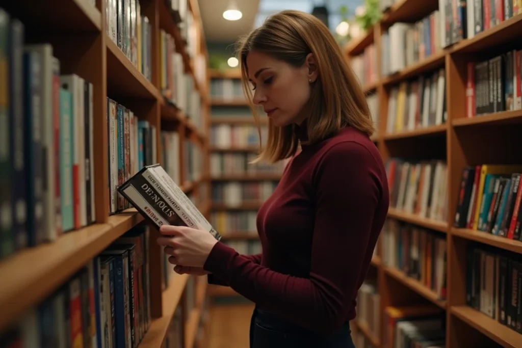 Femme aux cheveux châtains parcourant une collection de DVD et de livres de cinéma dans une vidéothèque indépendante décorée chaleureusement