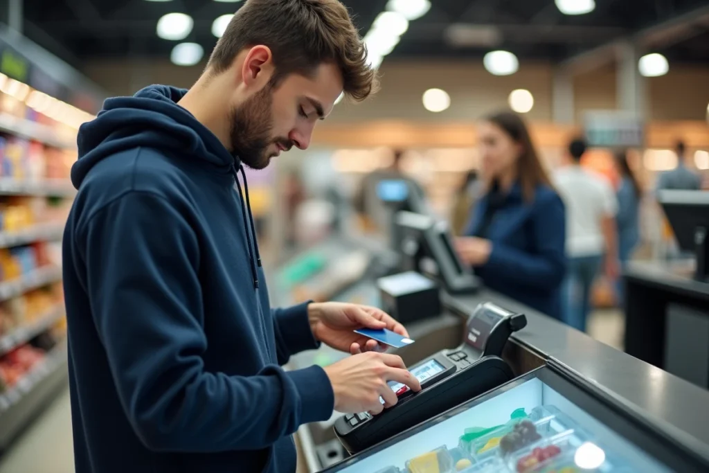 Jeune homme utilisant une carte prépayée sans contact à la caisse d'un supermarché pour régler ses achats du quotidien