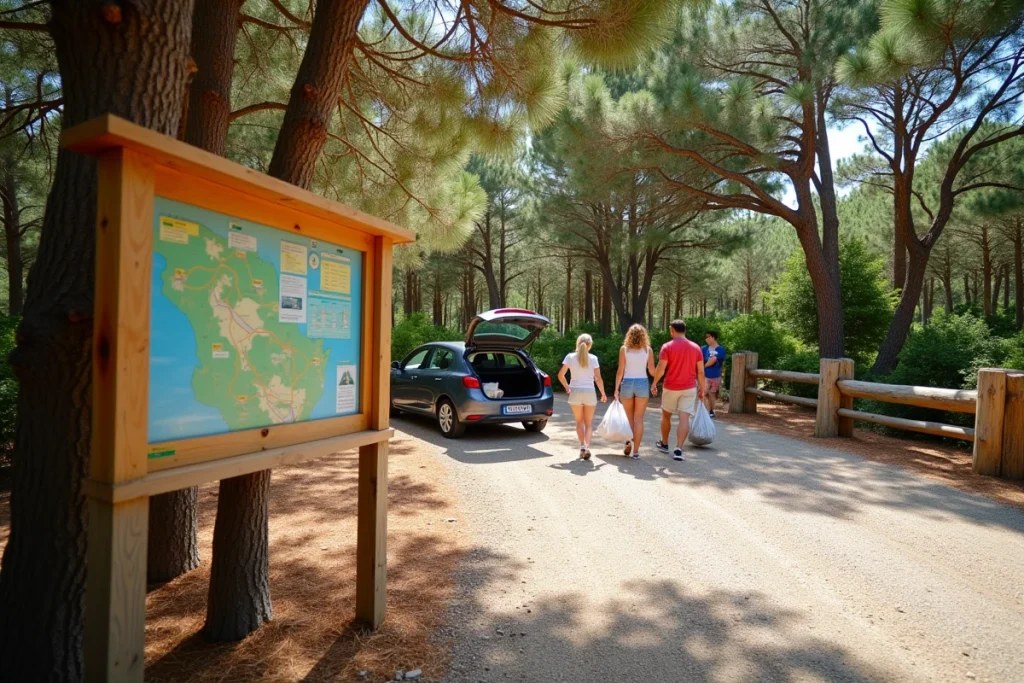 Panneau d'information et parking d'accès à la plage des 3 Pointes entouré de pins méditerranéens