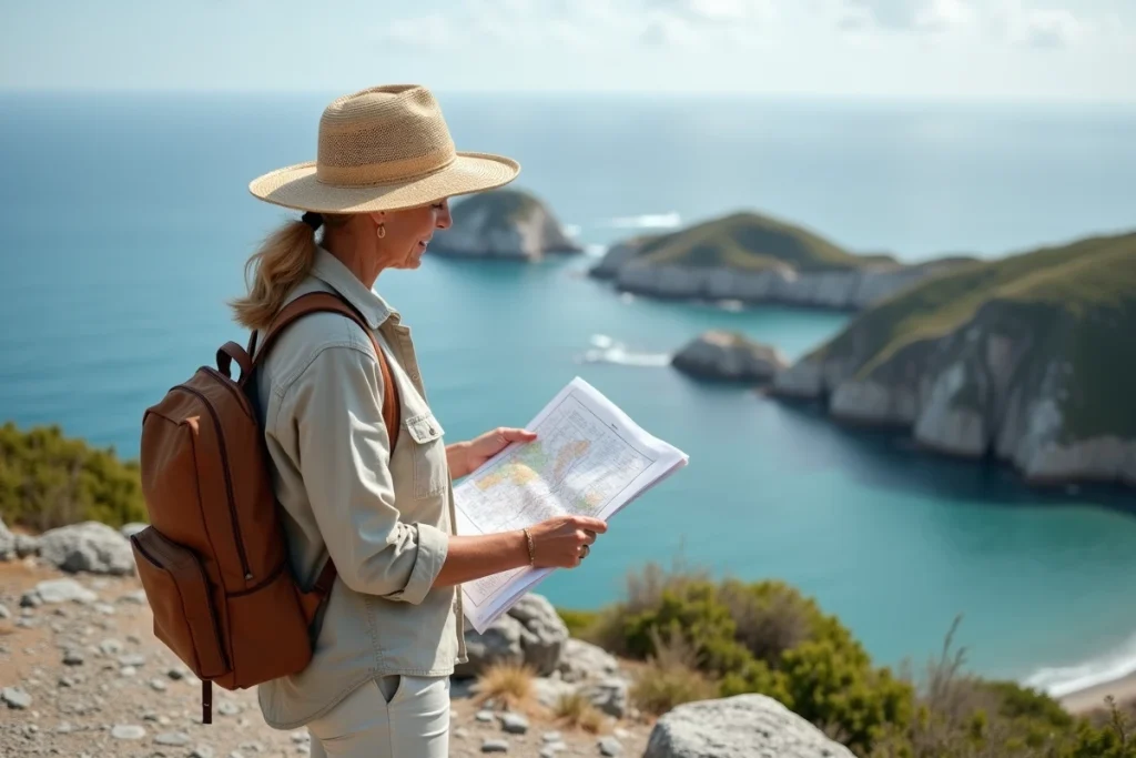Randonneuse consultant une carte au bord d'un promontoire rocheux pour rejoindre la plage des 3 Pointes