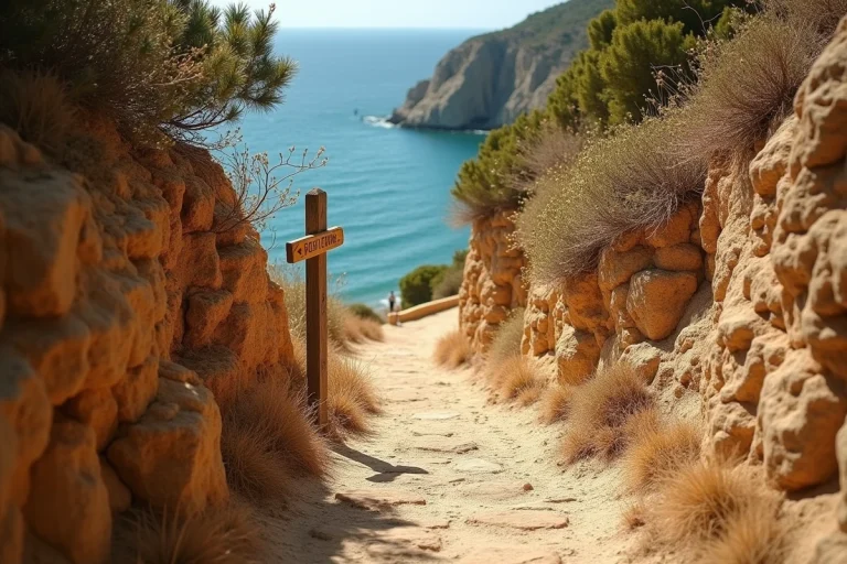 Sentier côtier balisé menant à la plage des 3 Pointes avec des marches en pierre et une végétation méditerranéenne