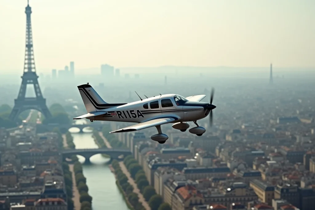 Survol de Paris en avion avec vue aérienne sur la Tour Eiffel et les toits haussmanniens