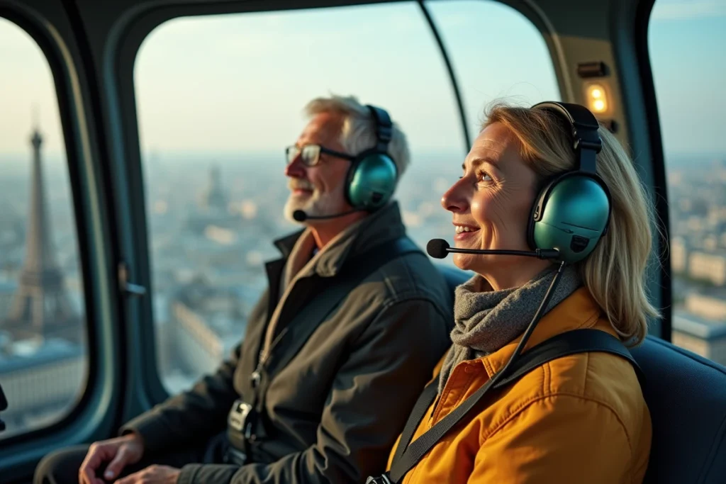 Touristes en hélicoptère au-dessus de Paris avec vue panoramique sur la ville