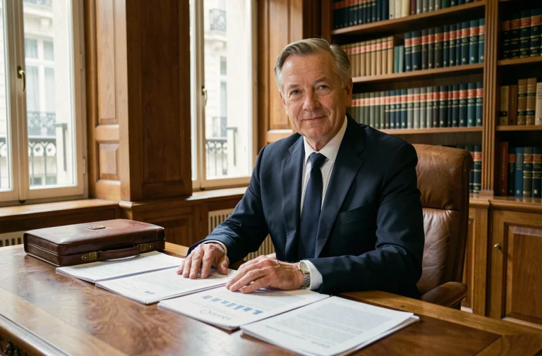 Portrait d'un homme discret en costume sombre assis dans un bureau parisien élégant, évoquant l'univers de la finance et du droit