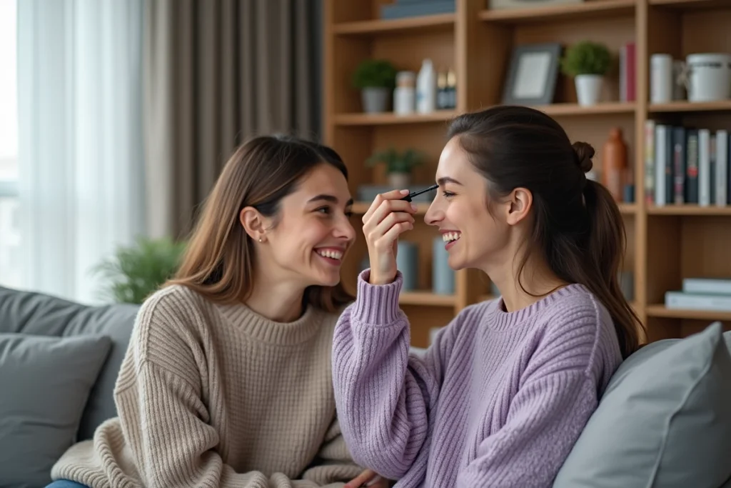 Deux femmes appliquant du mascara ensemble sur un canapé, session maquillage des yeux entre amies à la maison