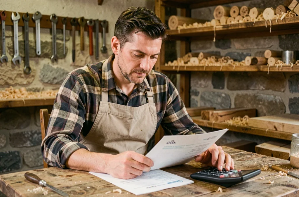 Un artisan artisan consulte un devis et une facture d'acompte dans son atelier, calculatrice à portée de main