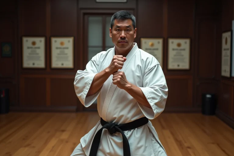 Combattant de arts martiaux en gi blanc avec ceinture noire dans un dojo traditionnel en bois