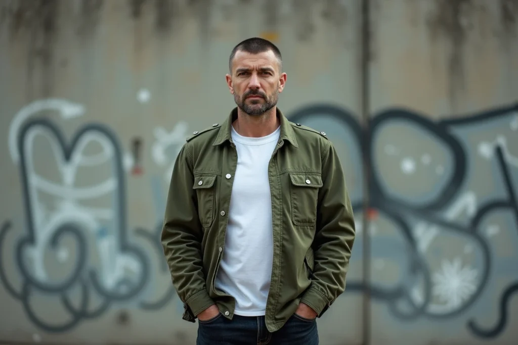 Combattant reconnu en veste militaire vintage posant devant un mur urbain texturé en plein air