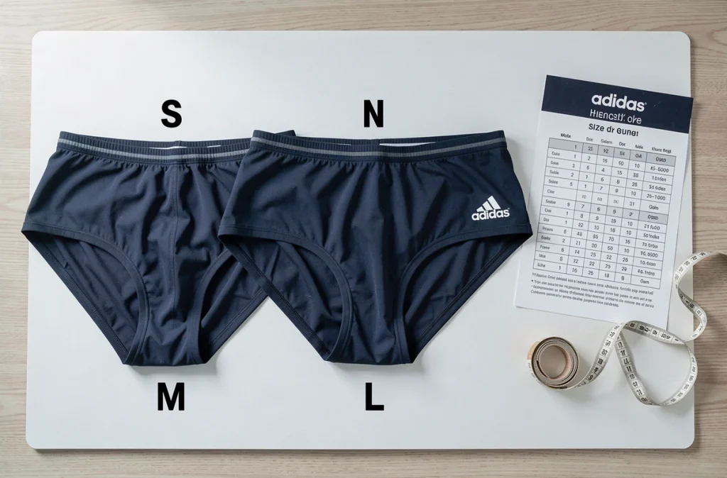 Comparaison de maillots de bain Adidas homme en différentes tailles avec guide des tailles en vue à plat