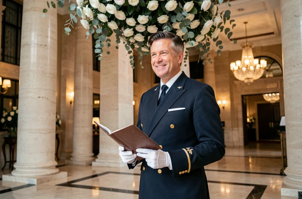 Concierge en uniforme élégant accueillant les clients à l'entrée d'un palace hôtelier 6 étoiles