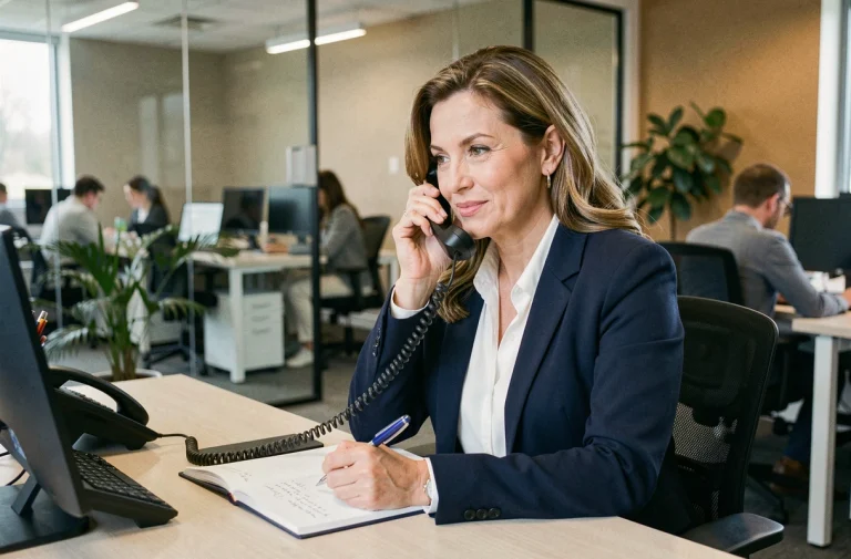 Professionnelle en blazer marine contactant un fournisseur B2B par téléphone dans un bureau moderne