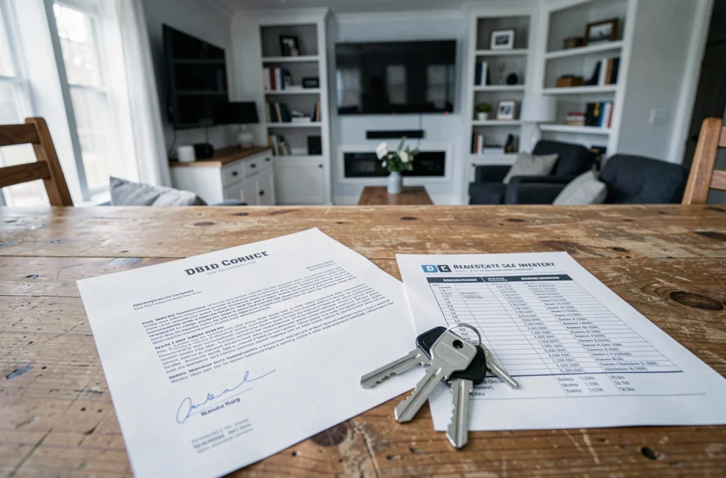Contrat de vente immobilière signé avec clés de maison et inventaire des équipements inclus posés sur une table en bois