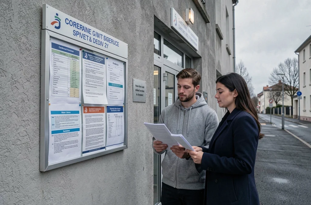 Couple devant un bureau de demande de logement social avec des documents administratifs