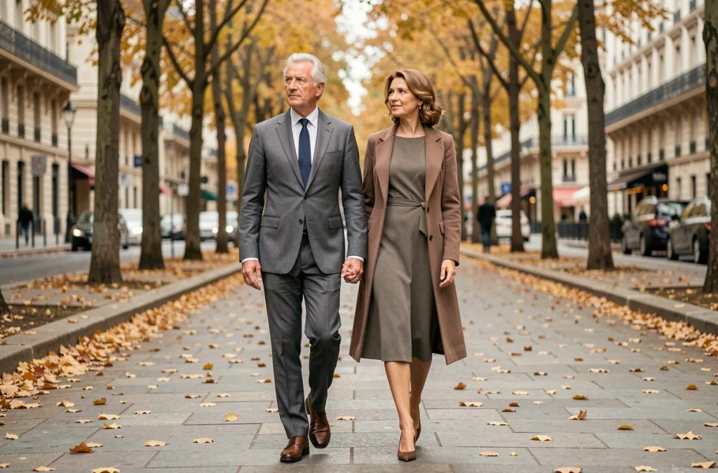 Couple élégant marchant sur un boulevard parisien en automne, evoquer la discrétion et la vie privée loin des projecteurs