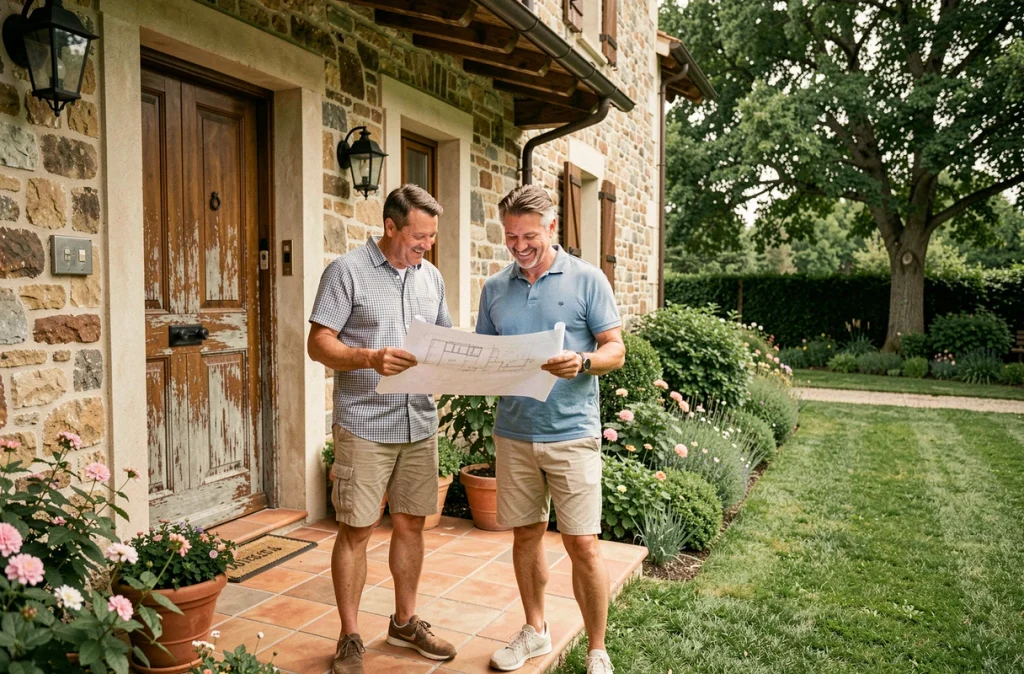 Couple de propriétaires devant leur maison en pierre avec jardin fleuri, consultant des plans architecturaux pour un projet immobilier