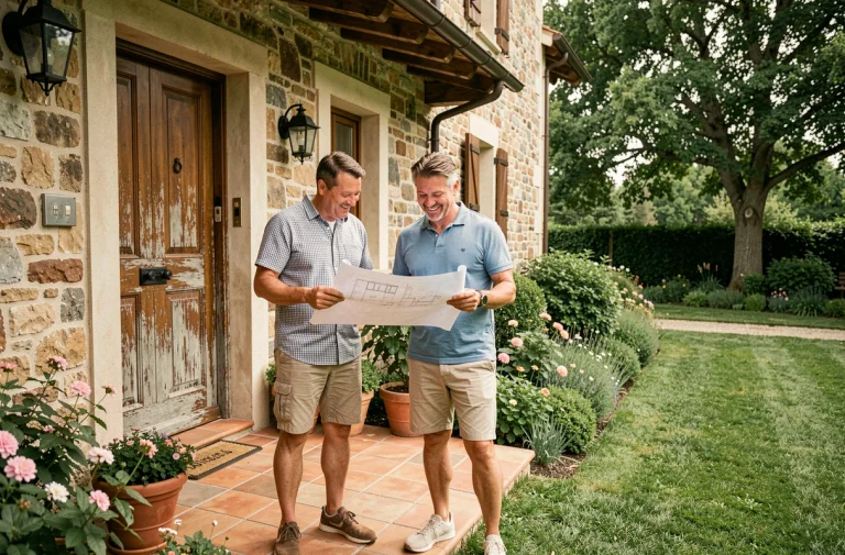 Couple de propriétaires devant leur maison en pierre avec jardin fleuri, consultant des plans architecturaux pour un projet immobilier