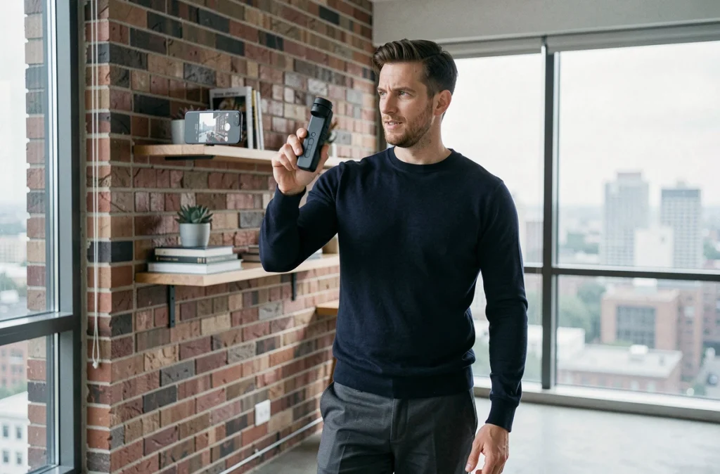 Créateur de contenu masculin filmant une vidéo avec un gimbal dans un appartement urbain minimaliste pour des plateformes de monétisation en ligne
