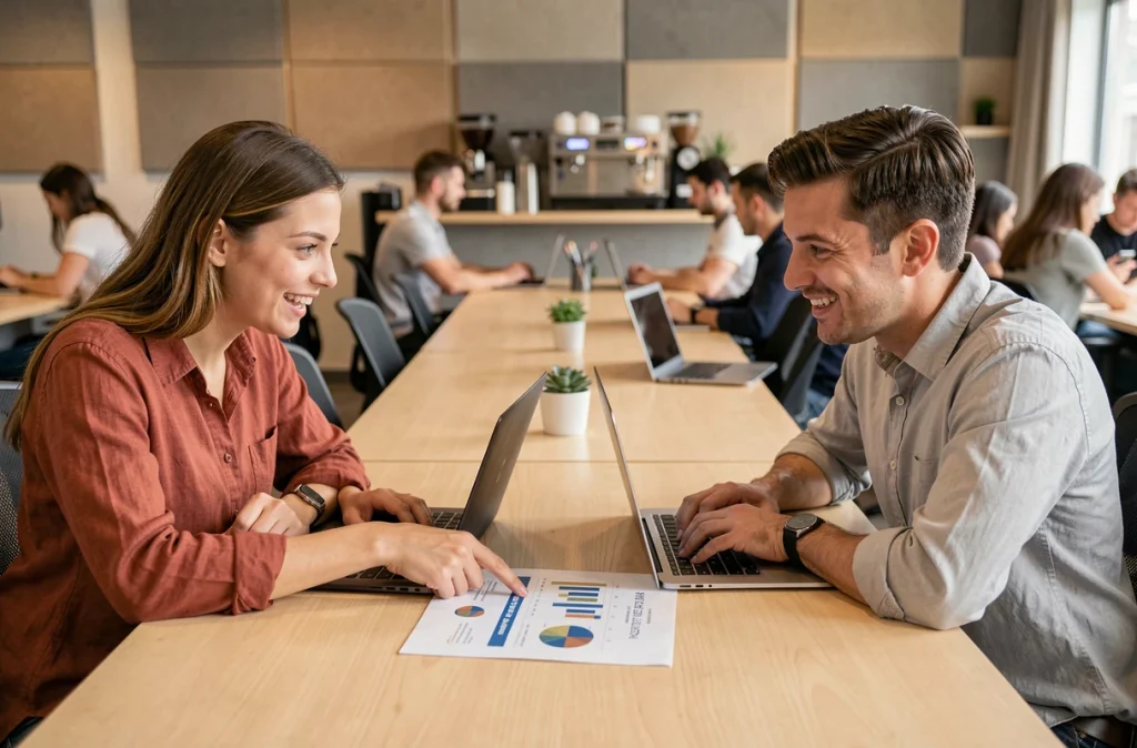 Deux créateurs de contenu comparant les salaires et revenus des plateformes MYM et OnlyFans dans un espace de coworking moderne
