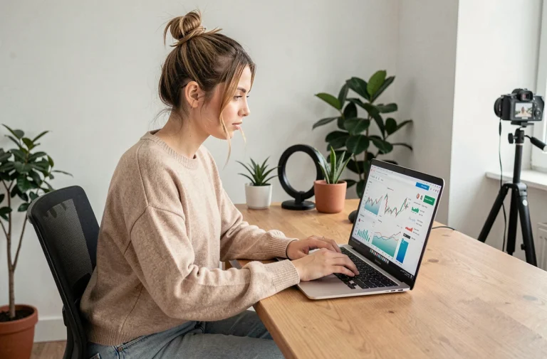 Créatrice de contenu analysant ses revenus sur ordinateur portable dans un bureau à domicile moderne, comparant les plateformes MYM et OnlyFans
