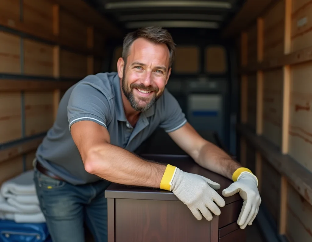 Déménageur expérimenté emballant un meuble en bois dans un camion de déménagement professionnel avec sangles et couvertures de protection
