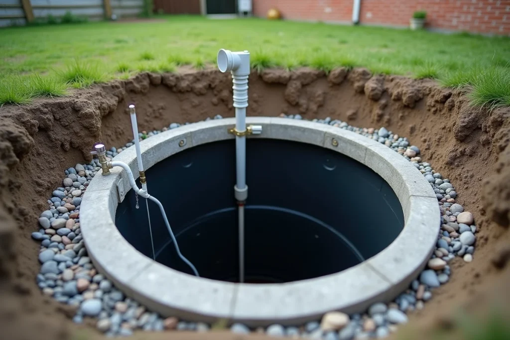Détail technique d'une trappe d'accès à une cuve enterrée de récupération d'eau de pluie avec pompe immergée