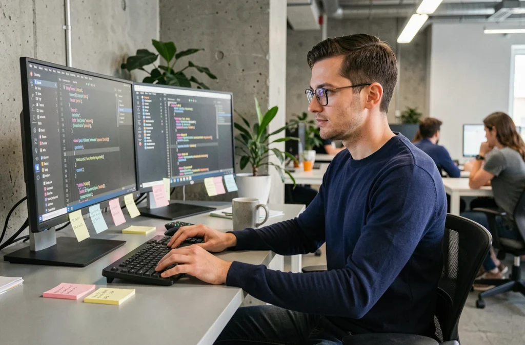 Développeur intégrant une nouvelle bibliothèque dans son stack technique sur un poste de travail double écran en open space