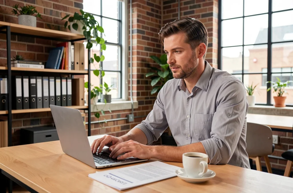 Homme d'affaires envoyant un email de contact professionnel B2B depuis un espace de coworking moderne