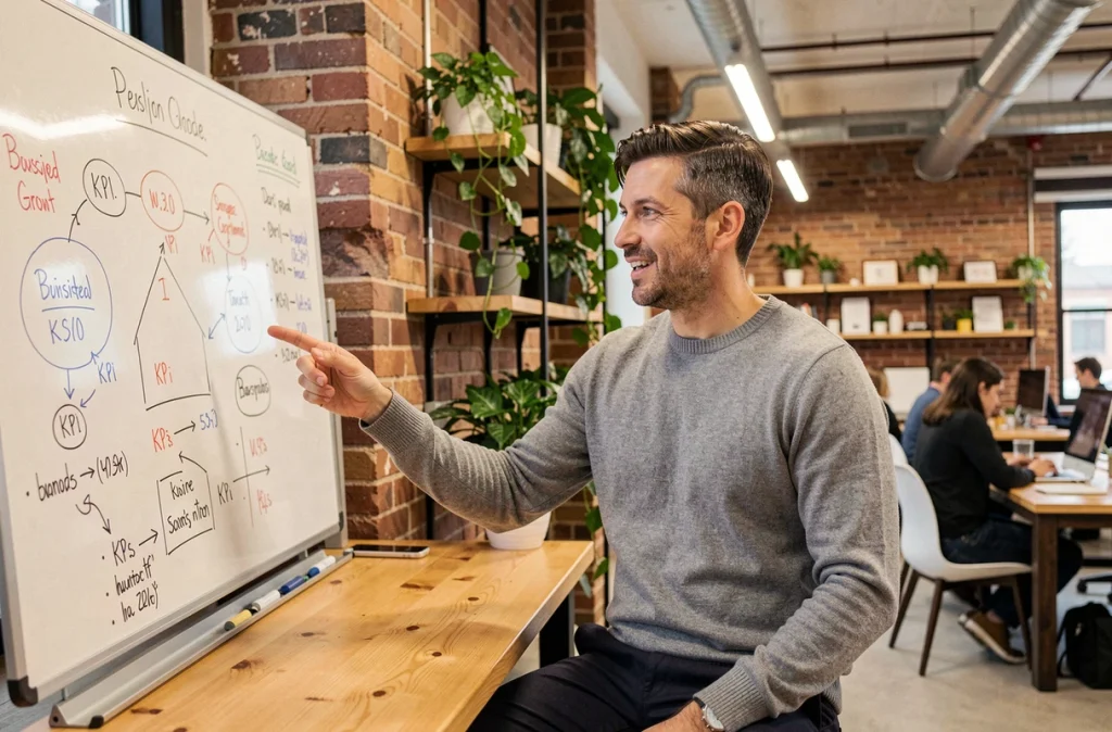 Entrepreneur présentant une stratégie de croissance sur un tableau blanc dans un espace de coworking créatif