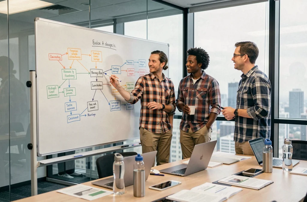 Équipe de développeurs planifiant l'intégration d'un nouveau package dans leur architecture logicielle existante sur un tableau blanc