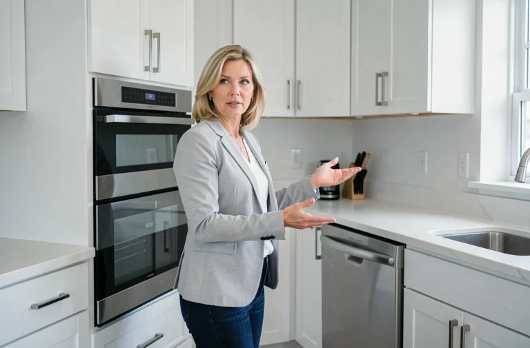 Femme agent immobilier présentant les équipements intégrés d'une cuisine moderne lors d'une vente immobilière