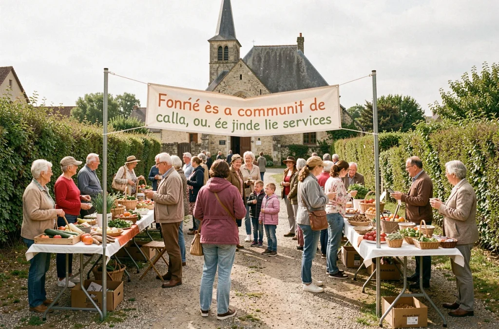 Marché communautaire animé réunissant habitants de tous âges dans un bourg de la communauté Val Bréon