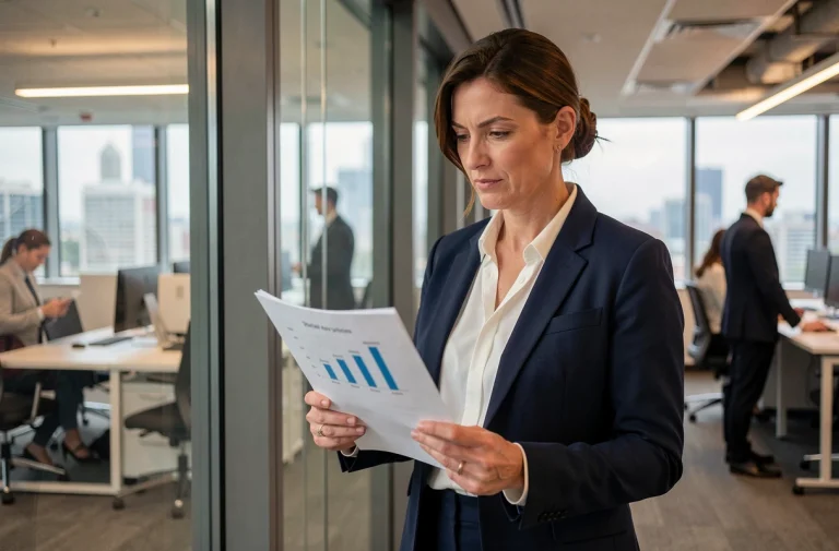 Femme d'affaires confiante analysant des graphiques de croissance dans un bureau moderne avec vue sur la ville