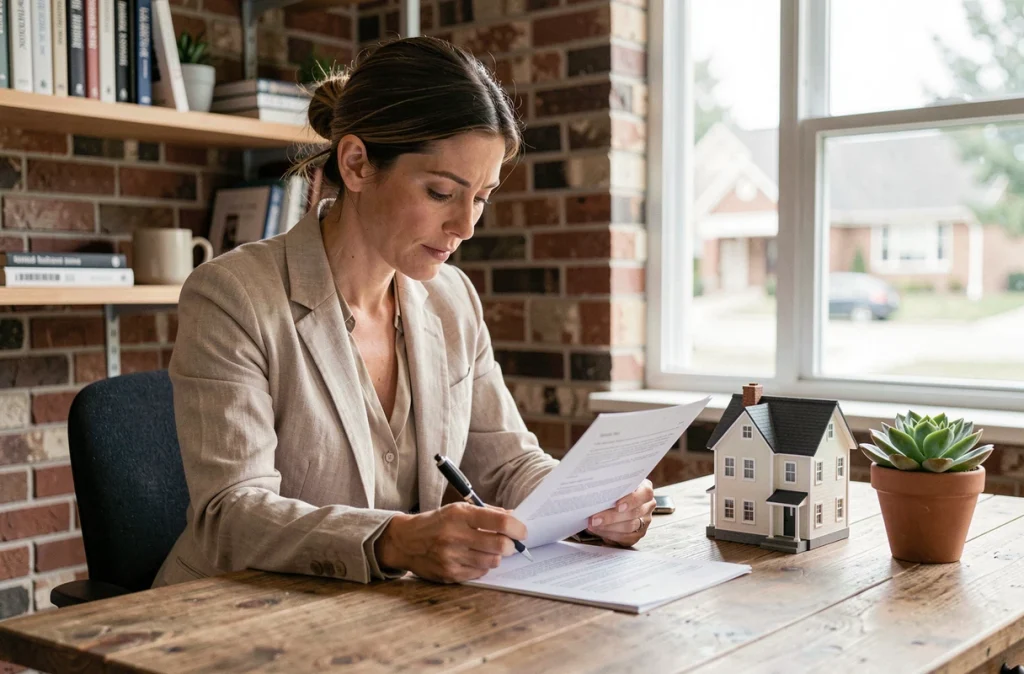 Femme agent immobilier lisant un contrat de vente à son bureau dans un home office avec modèle de maison miniature