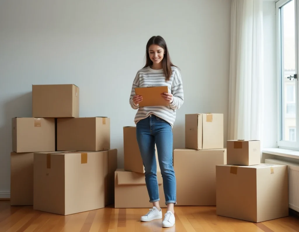 Jeune femme vérifiant une liste de contrôle entourée de cartons étiquetés dans un appartement vide lors d'un déménagement organisé