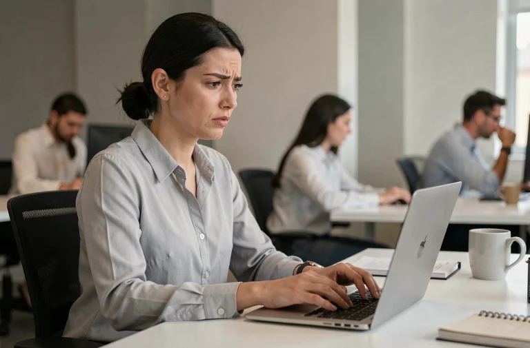Femme professionnelle frustrée tentant de se connecter à son espace My Arkevia sur un ordinateur portable au bureau