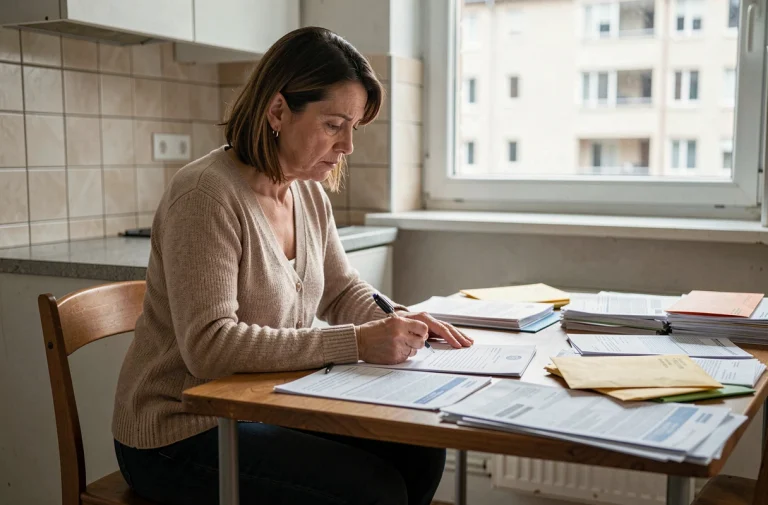 Femme remplissant un dossier de demande de logement social DALO à la cuisine