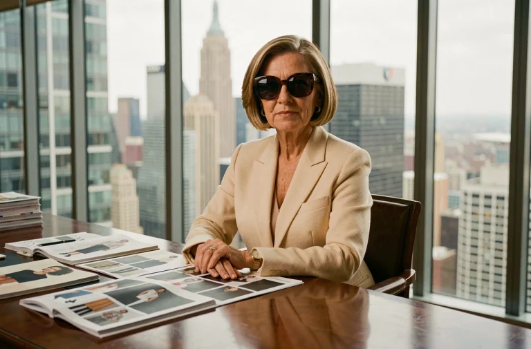 Femme élégante aux lunettes noires dans un bureau de mode de luxe à Manhattan, évoquant le style et le pouvoir d'Anna Wintour