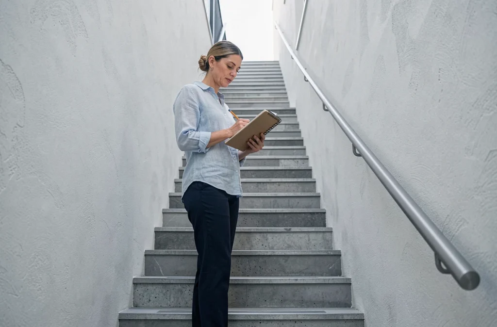 Femme prenant des notes de mesures au pied d'un escalier étroit avant de déménager un meuble