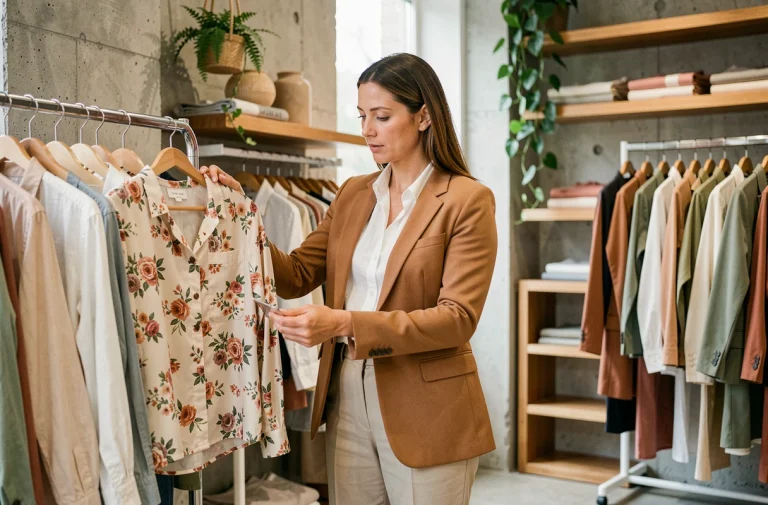 Femme élégante en blazer camel explorant les dernières tendances mode dans une boutique moderne au décor minimaliste