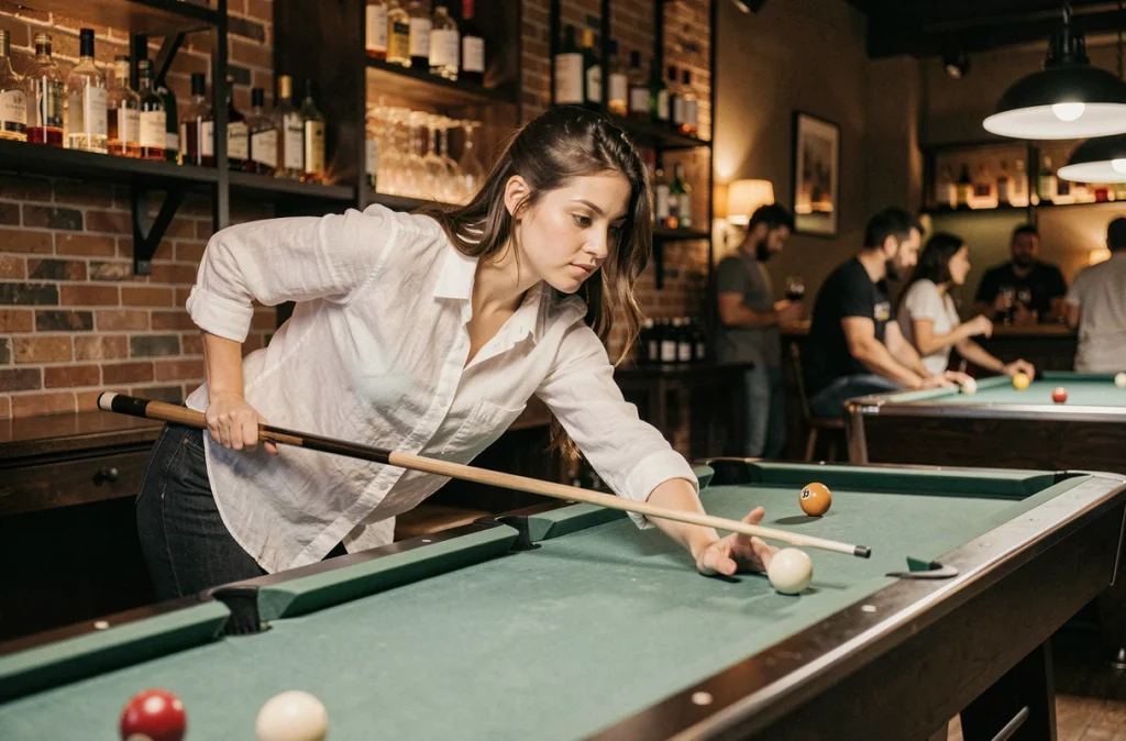 Jeune femme en posture de tir au billard dans un bar urbain tendance avec murs en briques apparentes