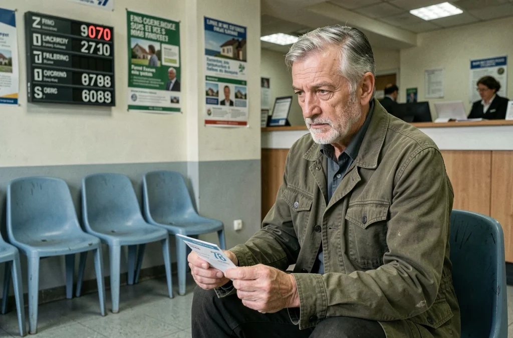 Homme âgé dans la salle d'attente d'un organisme de logement social en France
