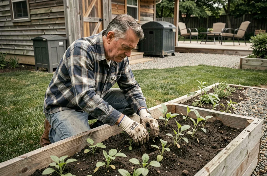 Homme jardinant dans un potager surélevé en bois dans un grand jardin résidentiel avec cabane et terrasse extérieure