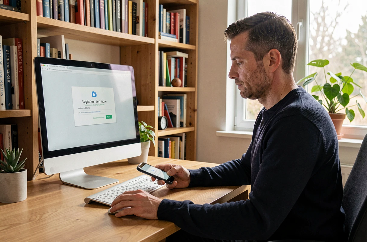 Homme consultant son téléphone pour résoudre un problème de connexion My Arkevia depuis son bureau à domicile