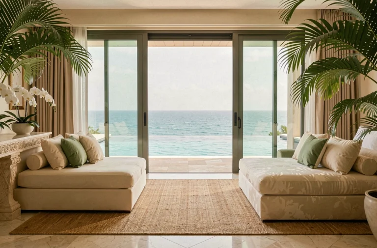 Suite de luxe d'un hôtel 6 étoiles avec piscine à débordement et vue panoramique sur l'océan turquoise