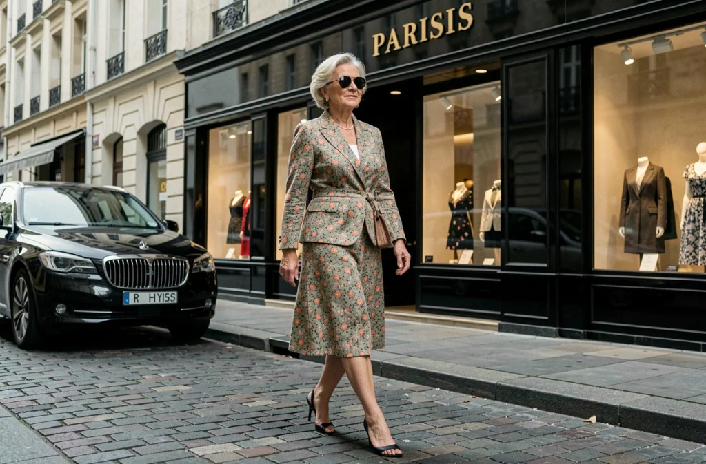 Femme de mode influente marchant devant une boutique de luxe parisienne, allure et prestige à la manière d'une icône de la mode mondiale