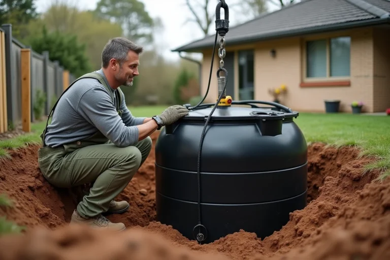 Installation d'une cuve de récupération d'eau de pluie enterrée dans un jardin résidentiel par un professionnel
